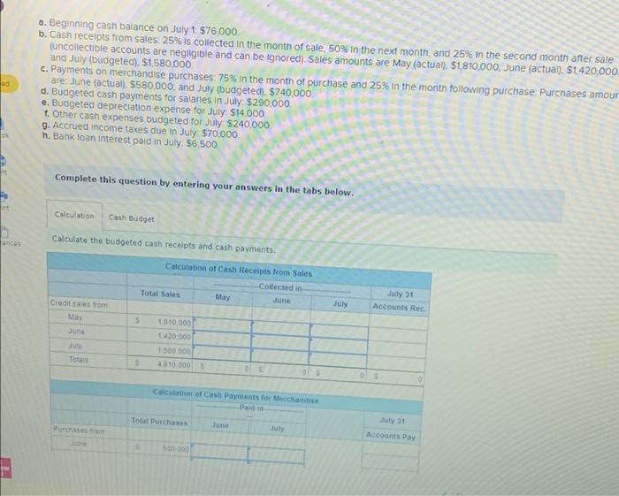 Solved A. Beginning Cash Balance On July 1: 576,000 B. Cash | Chegg.com