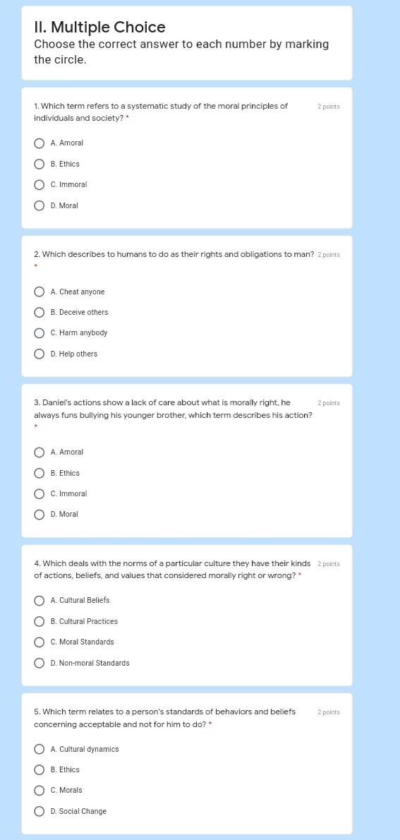 Solved II. Multiple Choice Choose The Correct Answer To Each | Chegg.com