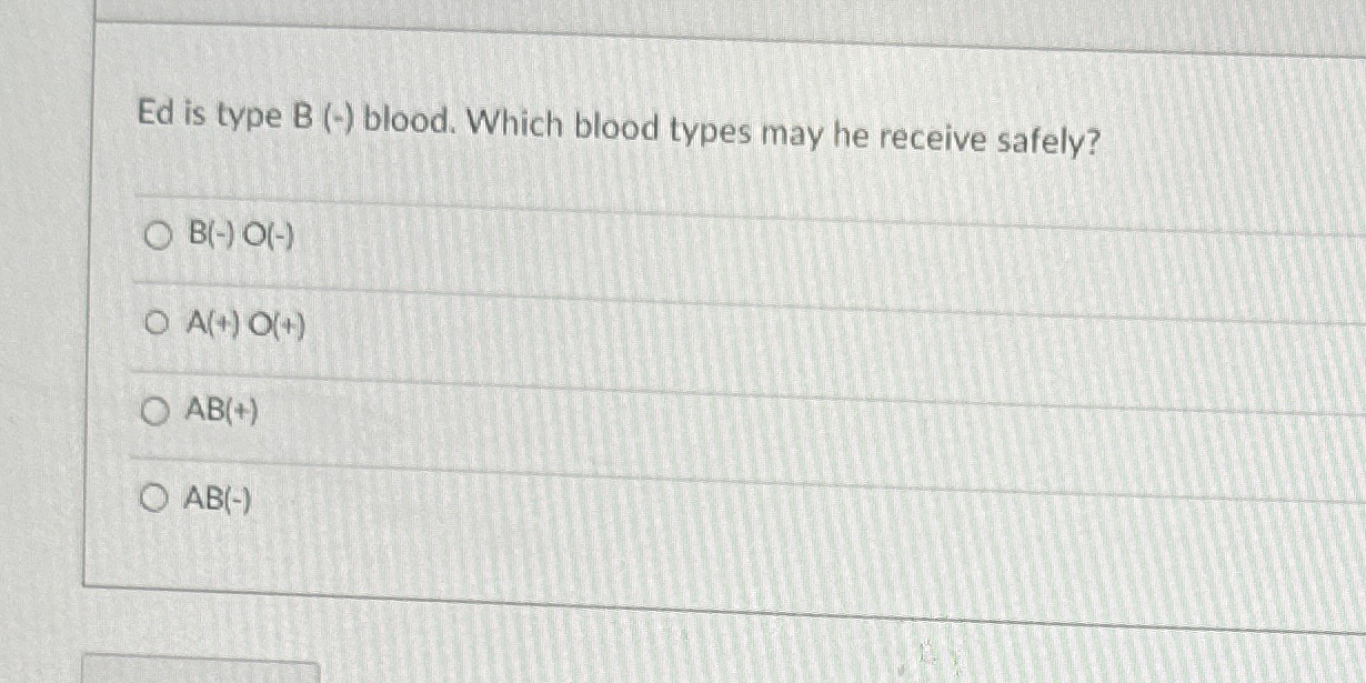 Solved Ed is type B (-) ﻿blood. Which blood types may he | Chegg.com
