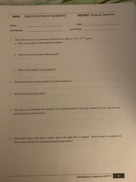 Solved PreLab Questions EXP5 IDENTIFICATION OF ELEMENTS Date | Chegg.com