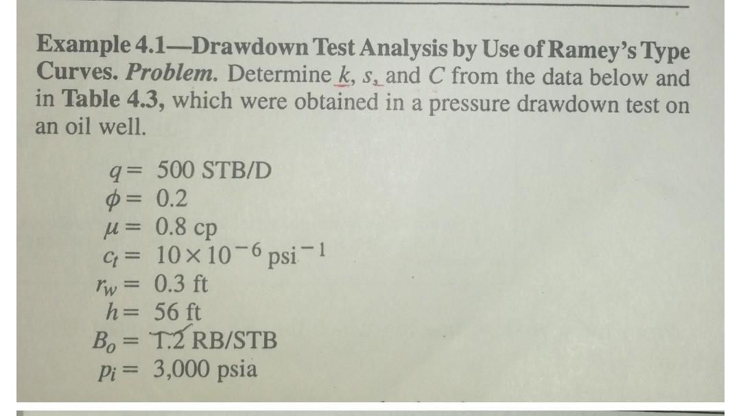 Solved Example 4.1-Drawdown Test Analysis by Use of Ramey's | Chegg.com