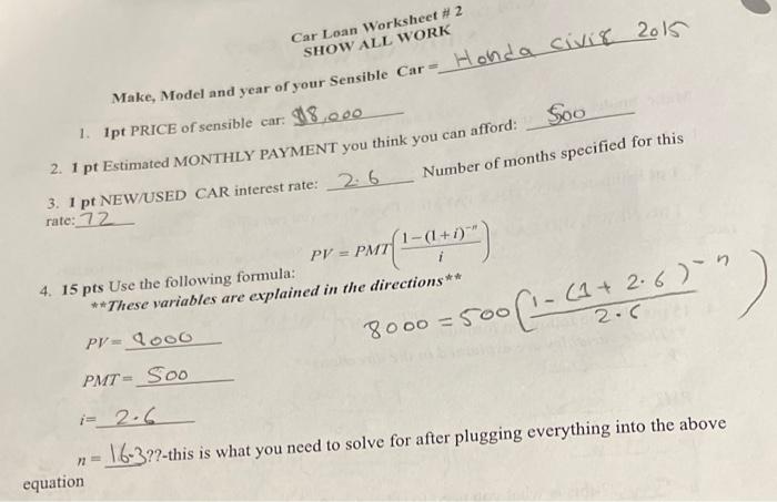Solved Car Loan Worksheet # 2 SHOW ALL WORK Make, Model and | Chegg.com