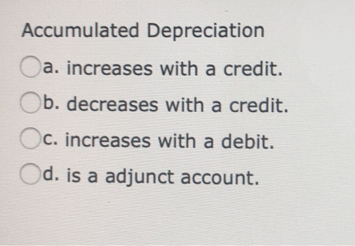 Solved Accumulated Depreciation a. increases with a credit. | Chegg.com