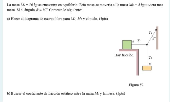 La masa \( M_{A}=10 \mathrm{~kg} \) se encuentra en equilibrio. Esta masa se movería si la masa \( M_{B}=5 \mathrm{~kg} \) tu