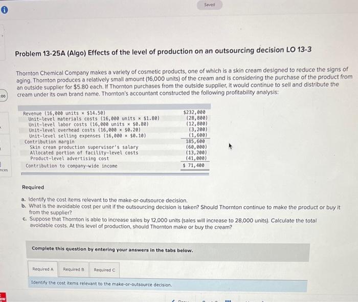 Solved Problem 13-25A (Algo) Effects of the level of | Chegg.com