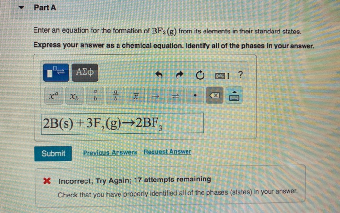 Solved Part A Enter an equation for the formation of BF3(g) | Chegg.com