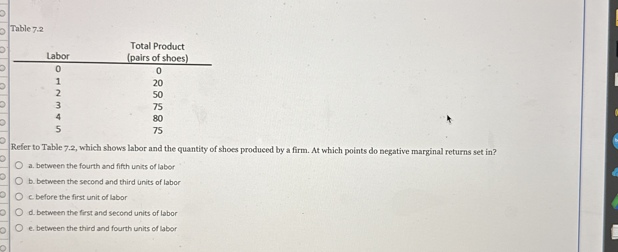 Solved Table 7.2\table[[Labor,\table[[Total Product],[(pairs | Chegg.com