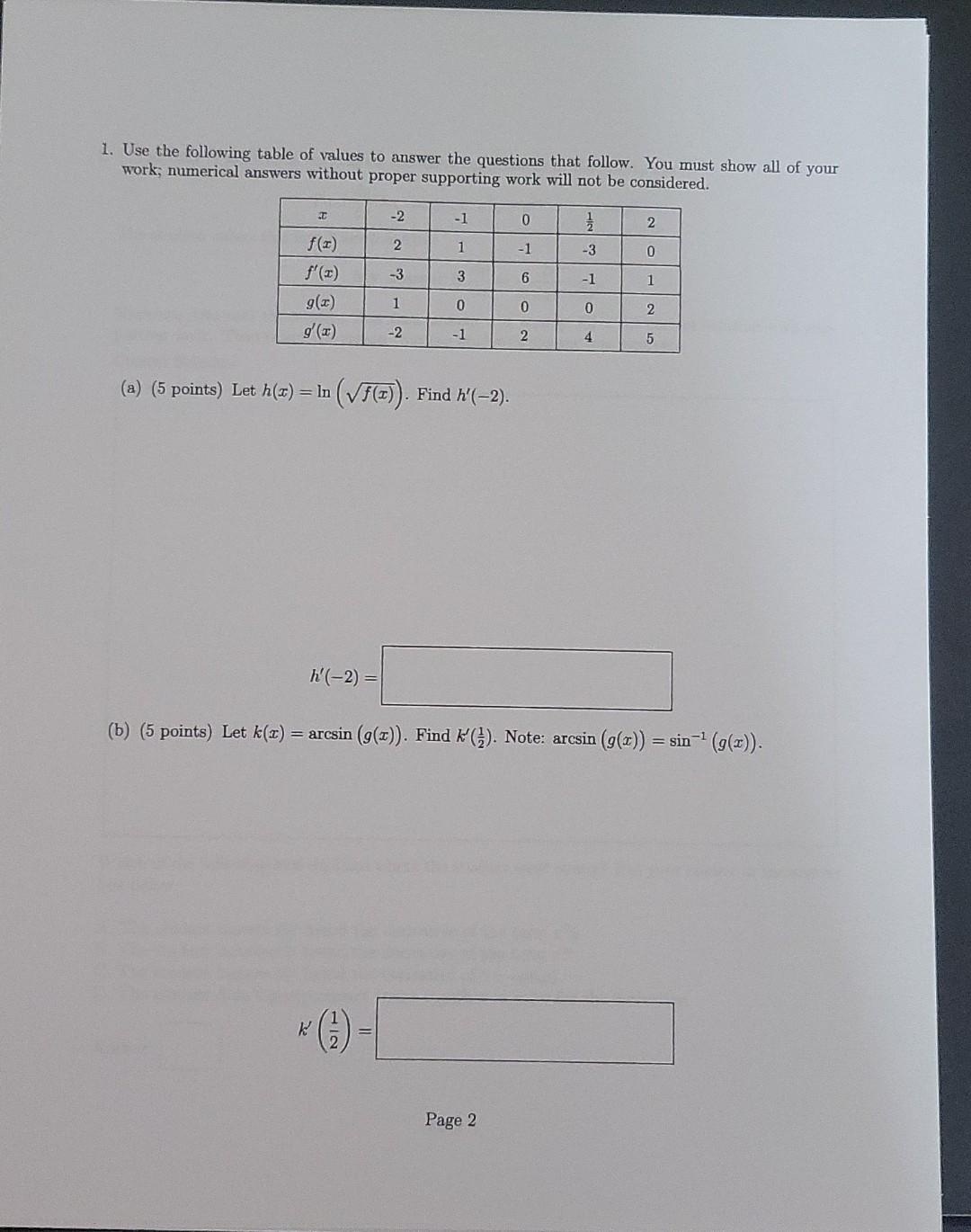 Solved 1. Use the following table of values to answer the | Chegg.com