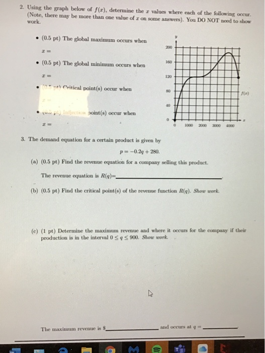 Solved 2. Using the graph below of f(a), determine the I | Chegg.com