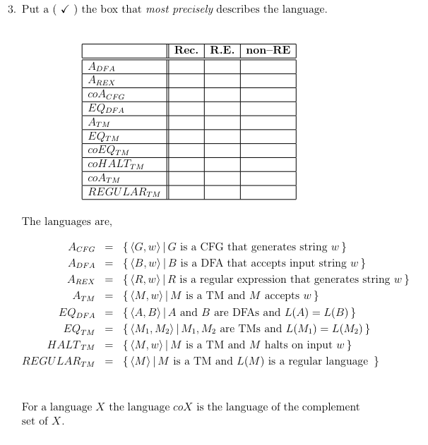 Solved Rec = ﻿recursive, R.E = ﻿recursively enumerable, | Chegg.com