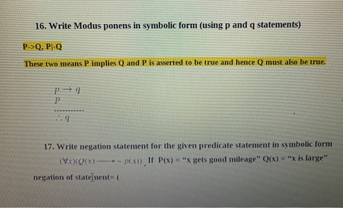 Solved 16 Write Modus Ponens In Symbolic Form Using P And Chegg Com