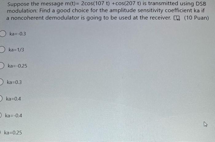 Suppose the message m(t)= 2cos(107 t) +cos(207 t) is | Chegg.com