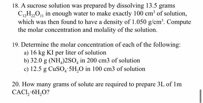 Solved 18. A sucrose solution was prepared by dissolving | Chegg.com