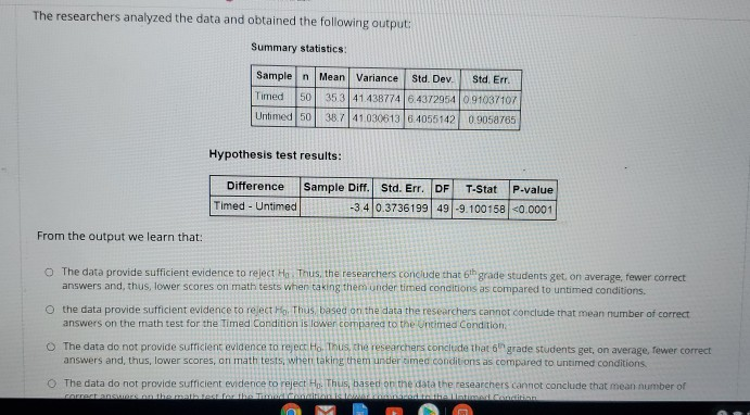 Solved The Researchers Analyzed The Data And Obtained The | Chegg.com