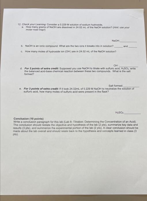 Lab 8 - Titration: Determining the Concentration of | Chegg.com