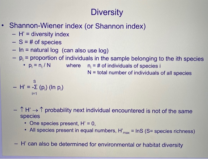 shannon diversity index (h) formula