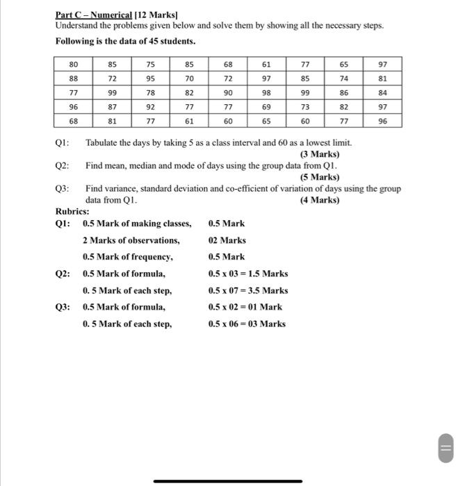 Solved Part C - Numerical [12 Marks/ Understand the problems | Chegg.com