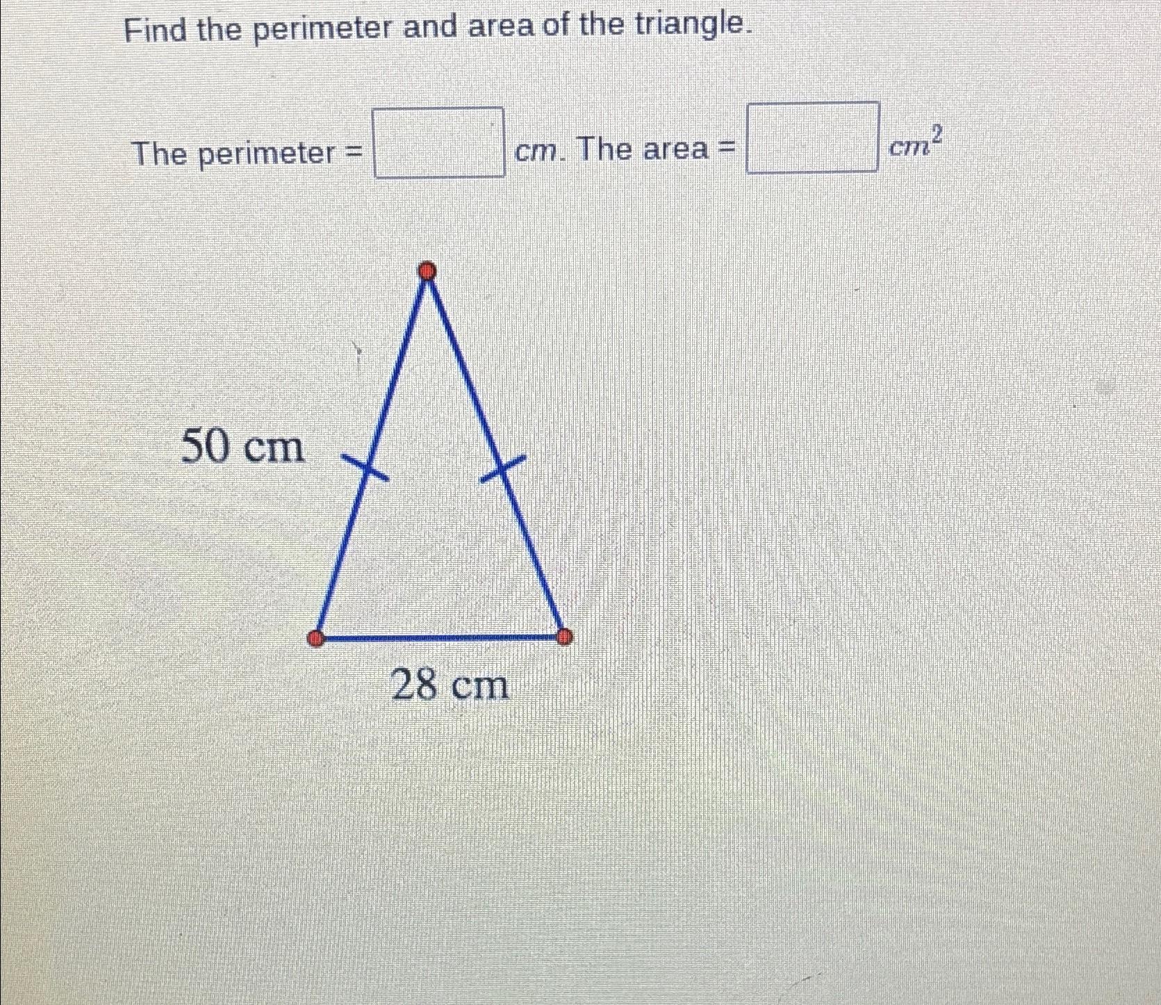 Solved Find the perimeter and area of the triangle.The | Chegg.com