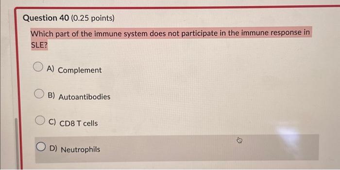 Solved Question 40 (0.25 points) Which part of the immune | Chegg.com