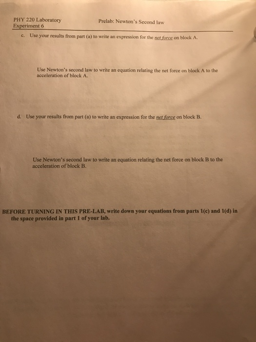 Solved PHY 220 Laboratory Prelab: NEWTON'S SECOND LAW | Chegg.com