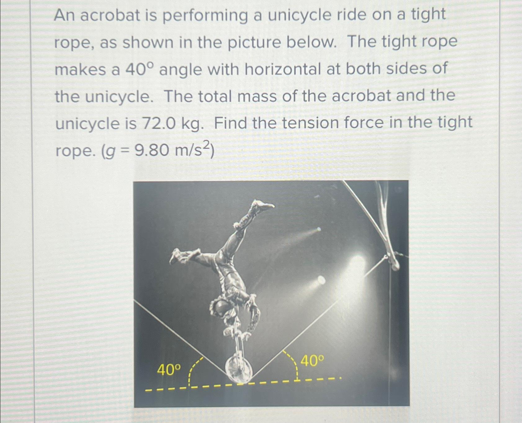 Solved An acrobat is performing a unicycle ride on a tight | Chegg.com