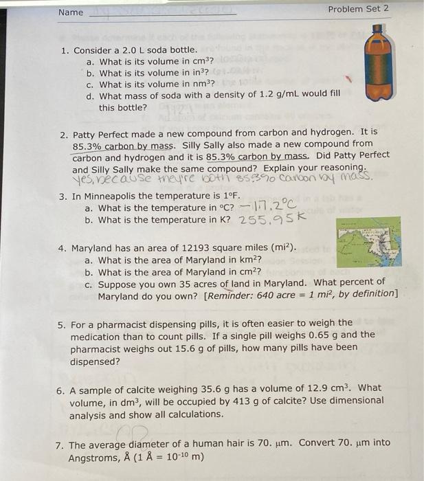 Solved Name Problem Set 2 1 Consider A 2 0 L Soda Bottle Chegg Com