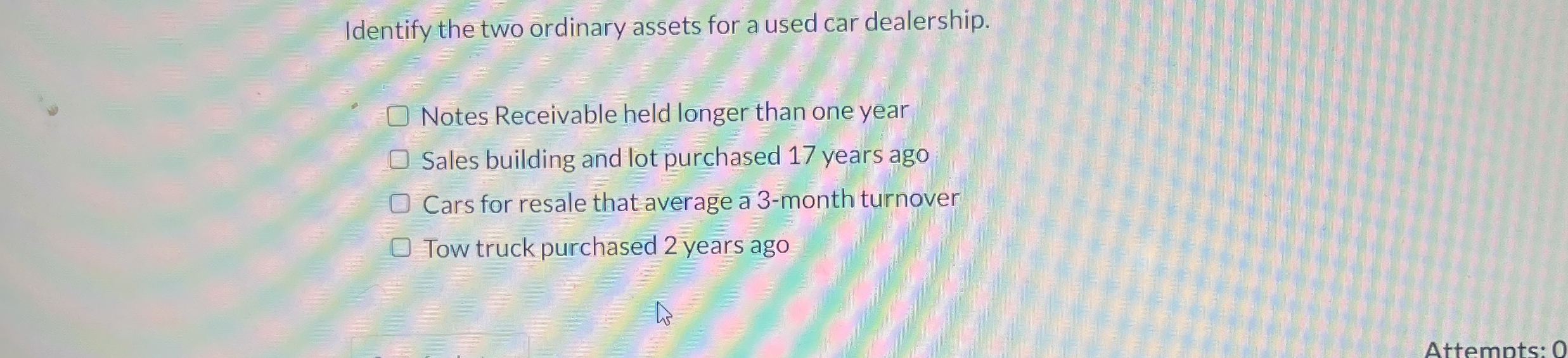 Solved Identify the two ordinary assets for a used car | Chegg.com