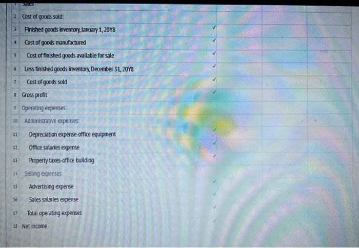 2 Cost of goods sold:
3 Finished goods inventory, January 1, \( 20 Y 8 \)
4 Cost of goods manufactured
5 Cost of finished goo