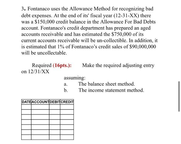 Solved 3. Fontanaco uses the Allowance Method for | Chegg.com
