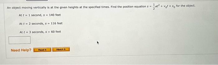 Solved An object moving vertically is at the given heights | Chegg.com