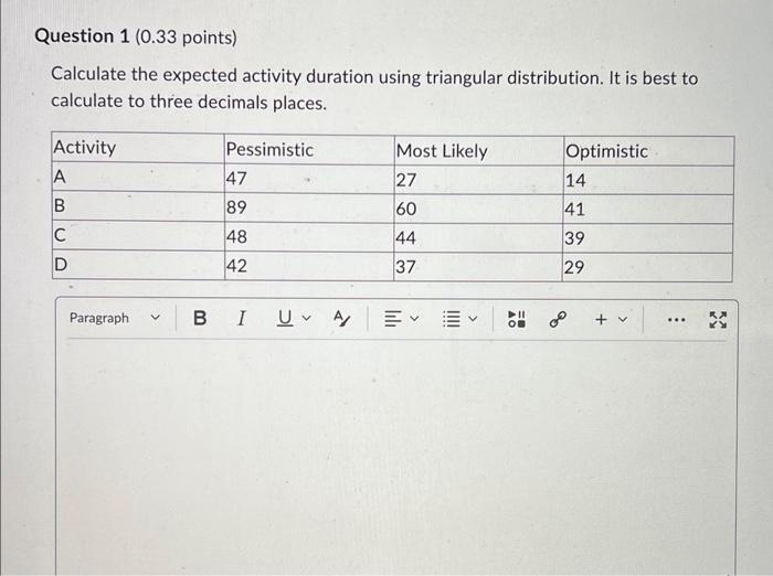 Solved Calculate The Expected Activity Duration Using | Chegg.com