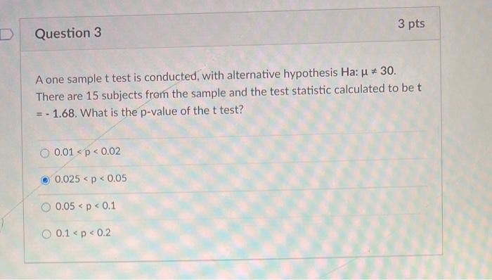 Solved 3 pts D Question 3 A one sample t test is conducted, | Chegg.com