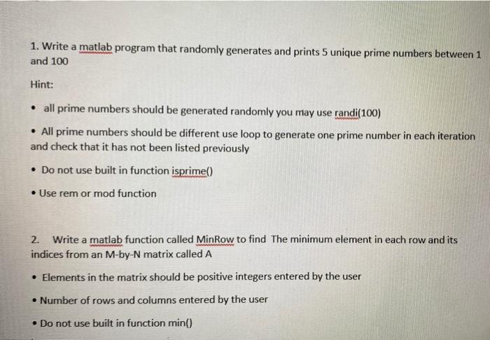 Solved 1. Write a matlab program that randomly generates and | Chegg.com