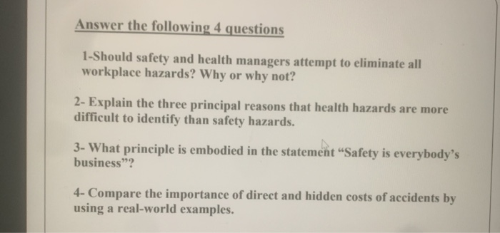 Solved Answer The Following 4 Questions 1 Should Safety And Chegg Solved Answer The Following 4 Questions 1 Should Safety And Chegg