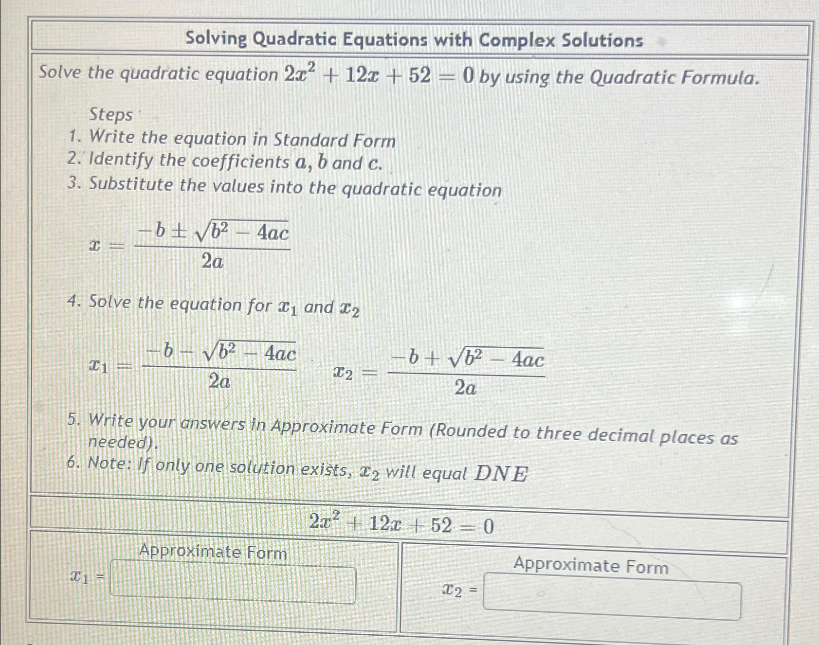 without solving the quadratic equation 2x 2 10x 12 0