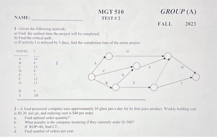 Solved 1- Given The Following Network: A) Find The Earliest | Chegg.com