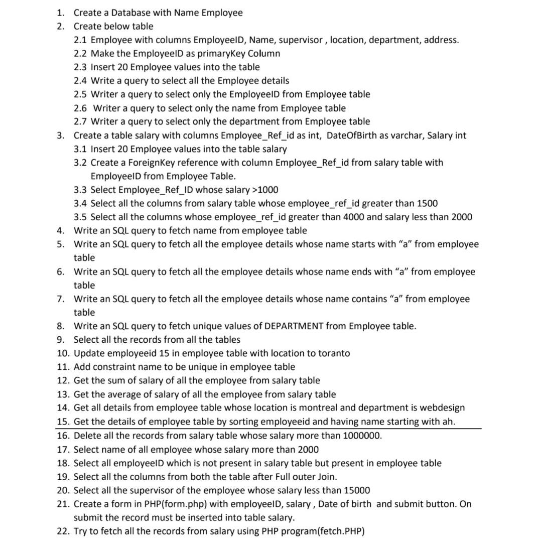 Solved 1. Create a Database with Name Employee 2. Create | Chegg.com