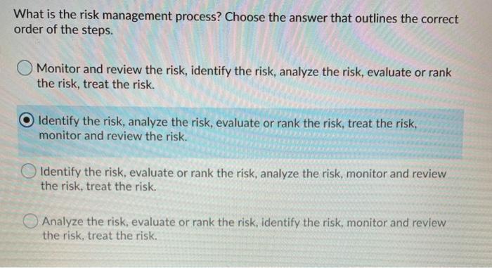 Solved What is the risk management process? Choose the | Chegg.com