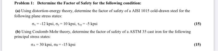 Solved Problem 1: Determine the Factor of Safety for the | Chegg.com