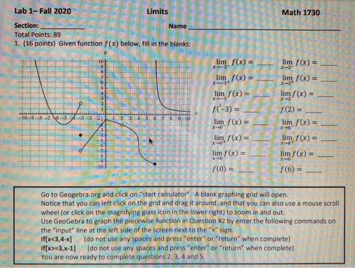 Solved Math 1730 Lab 1-Fall 2020 Limits Section: Name Total | Chegg.com