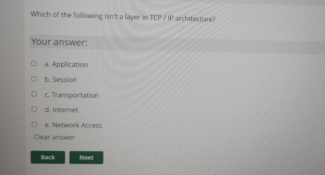 Solved Which of the following isn't a layer in TCP/IP | Chegg.com