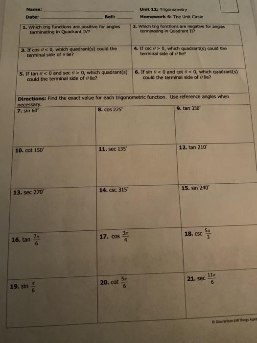 Name Date Unit 12 Trigonometry Homework 4 The Chegg 