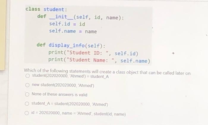 Solved class student: def __init_(self, id, name): self.id = | Chegg.com