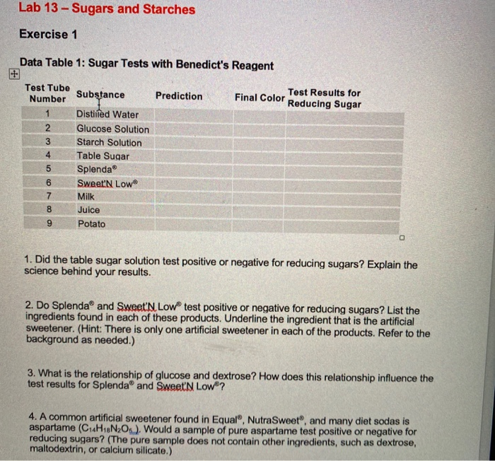 Lab 13 Sugars and Starches Exercise 1 Data Table 1