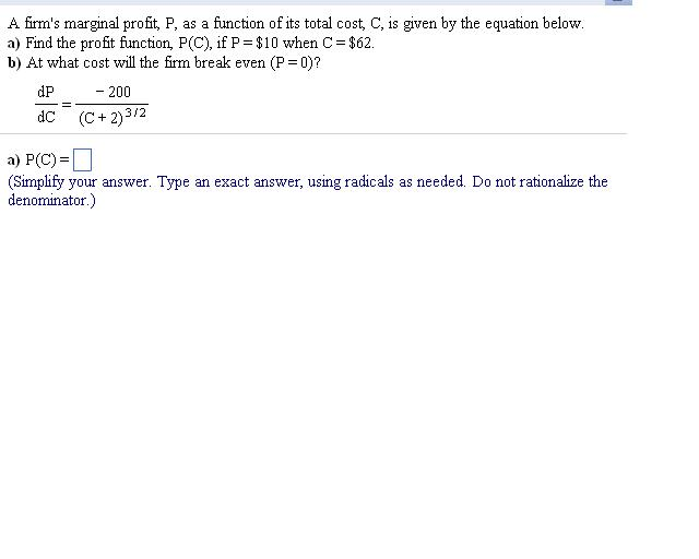 Solved A firm's marginal profit, P, as a function of its | Chegg.com