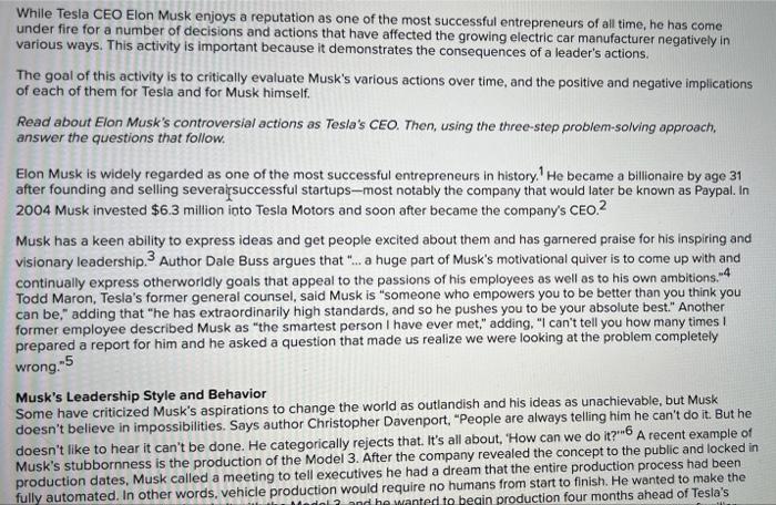 Solved While Tesla CEO Elon Musk enjoys a reputation as one | Chegg.com