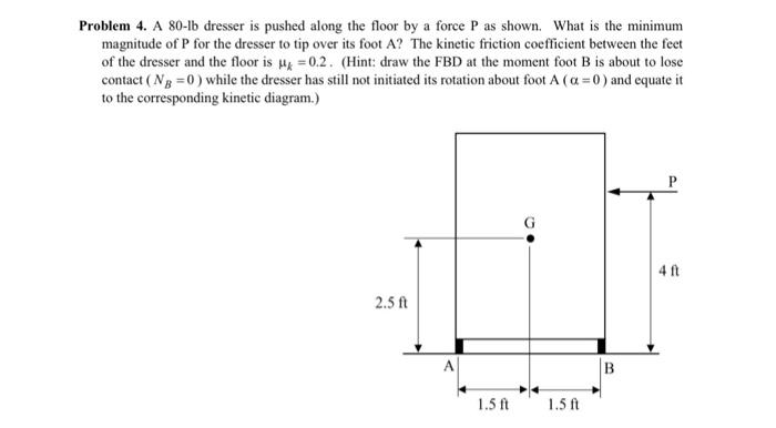 Solved Problem 4. A 80-lb dresser is pushed along the floor | Chegg.com