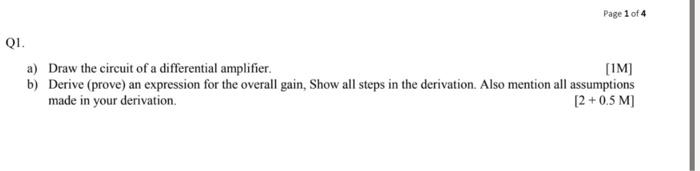 Solved Page 1 of 4 QI. a) Draw the circuit of a differential | Chegg.com