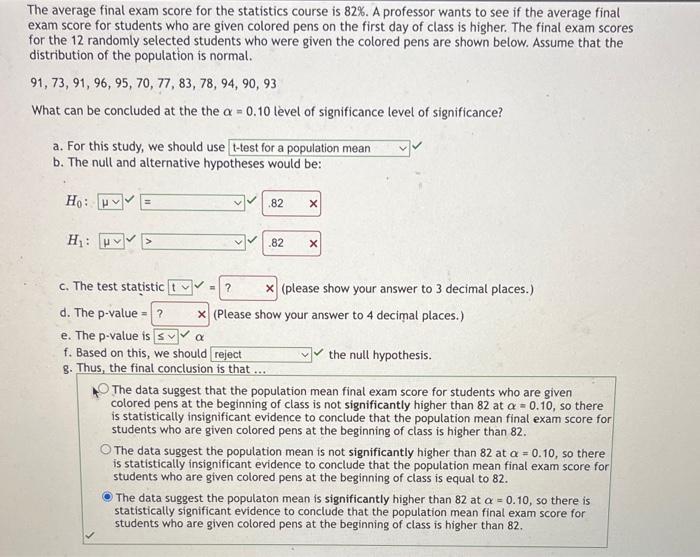 Solved e average final exam score for the statistics course | Chegg.com
