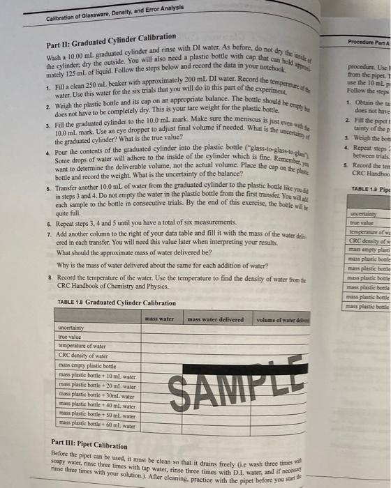 Procedure Part A Glassware Calibration Procedure Part